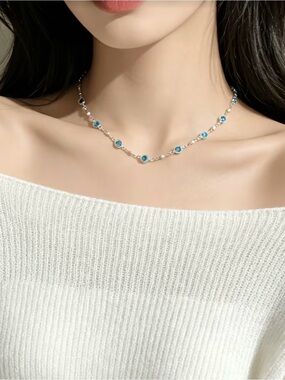 Delicate Blue Crystal Station Necklace - Brand
